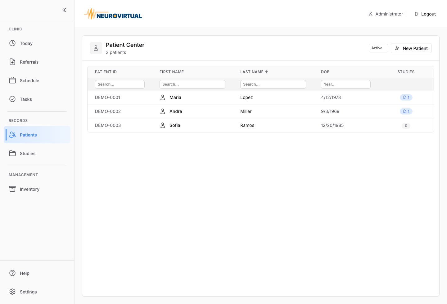Neurovirtual Portal patient record with linked studies and report status